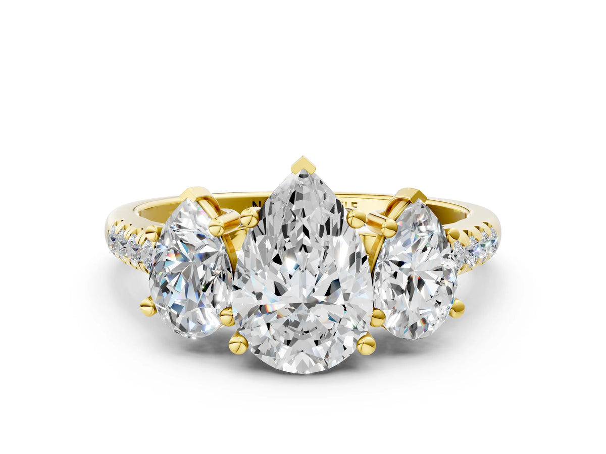 Pear Cut Diamond Trellis Three-Stone Engagement Ring in Yellow gold with Round Side Stones