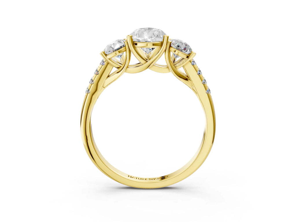 Pear Cut Diamond Trellis Three-Stone Engagement Ring in Yellow gold with Round Side Stones