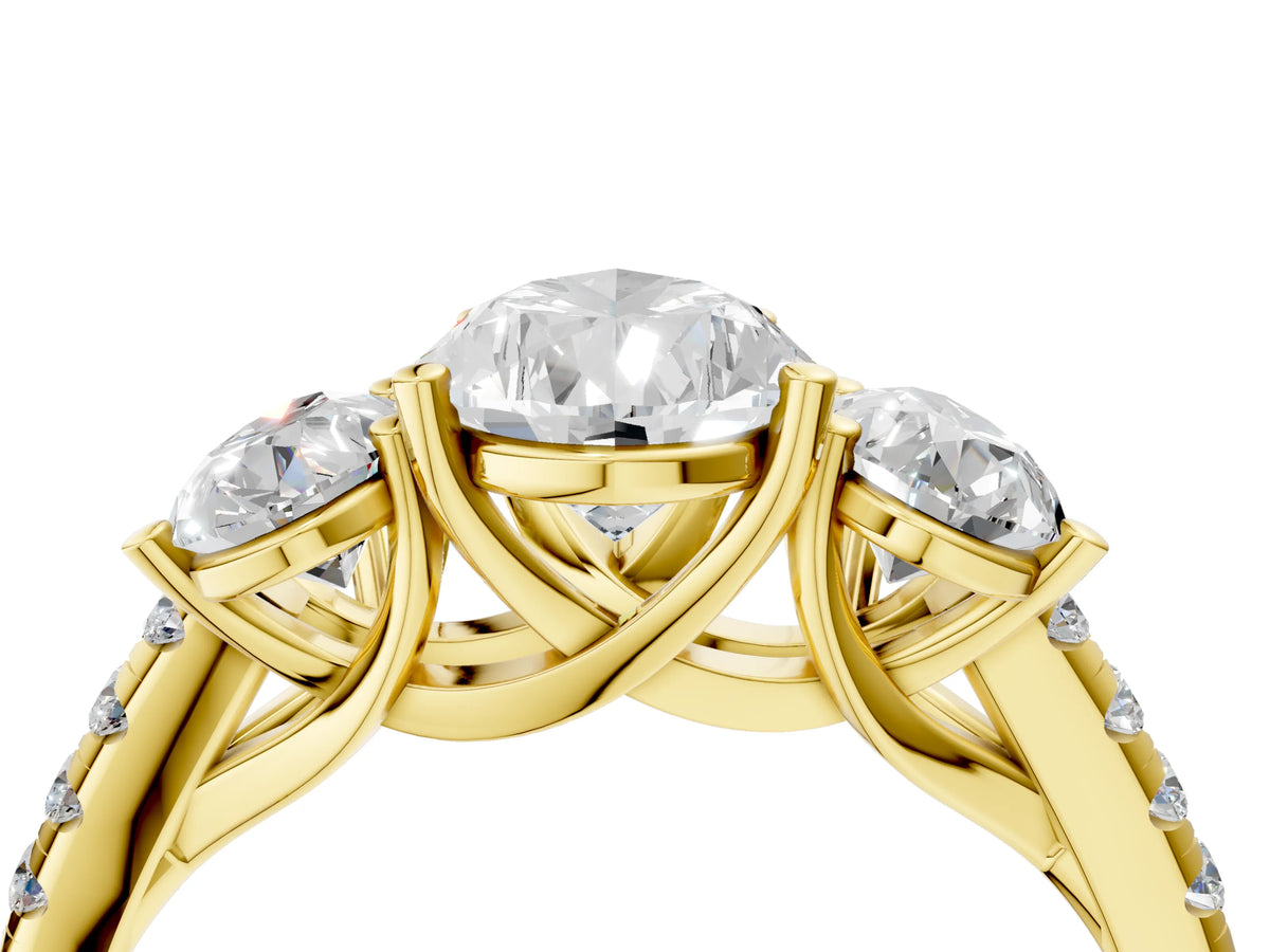 Pear Cut Diamond Trellis Three-Stone Engagement Ring in Yellow gold with Round Side Stones