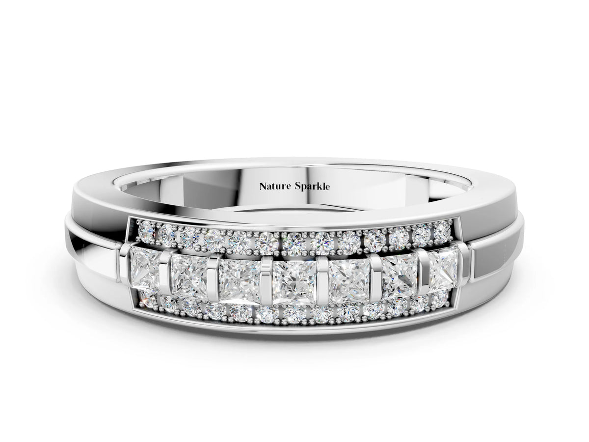 Platinum Bar-Set Princess Cut Diamond Pavé Band