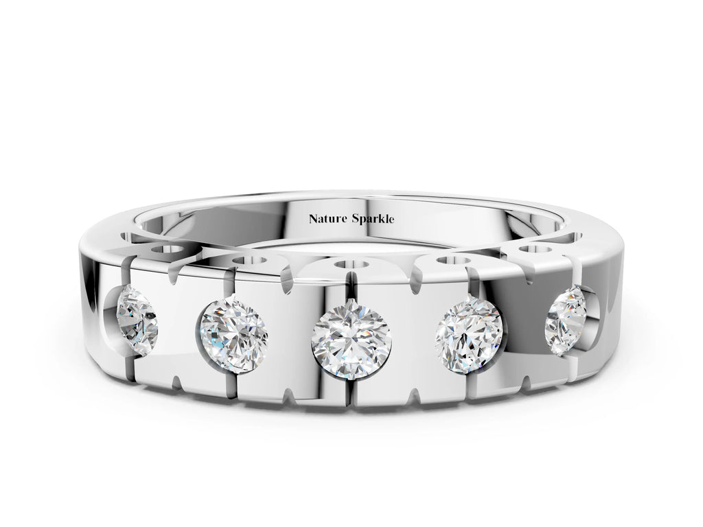 Platinum Channel Set Round Diamond Flat Band with Prong Setting