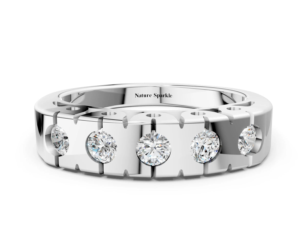 Platinum Channel Set Round Diamond Flat Band with Prong Setting