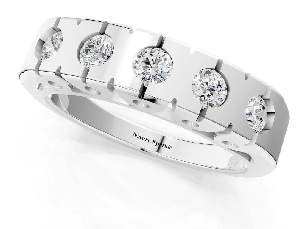 Platinum Channel Set Round Diamond Flat Band with Prong Setting