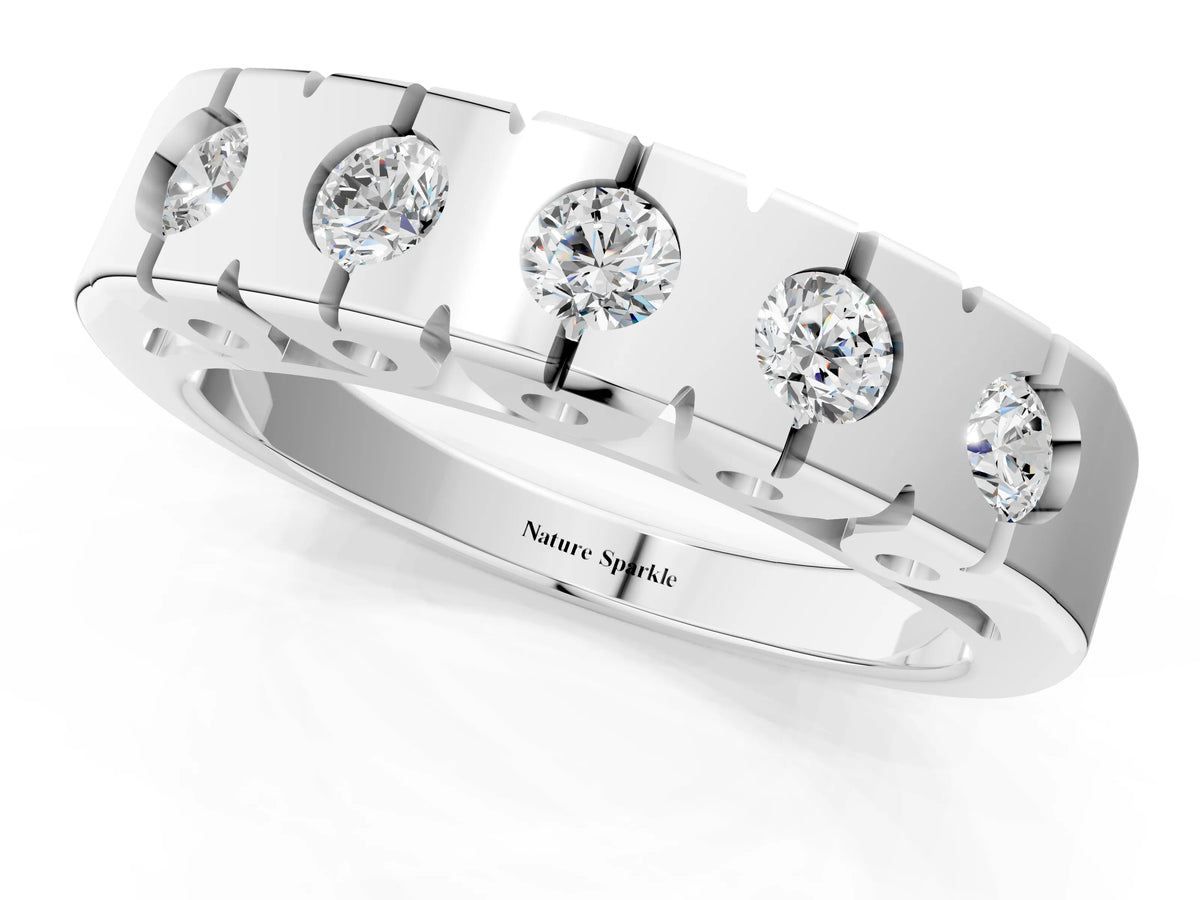 Platinum Channel Set Round Diamond Flat Band with Prong Setting