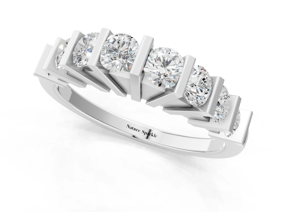 Platinum Channel Set Round Diamond Half Eternity Band with Bar Prong Setting