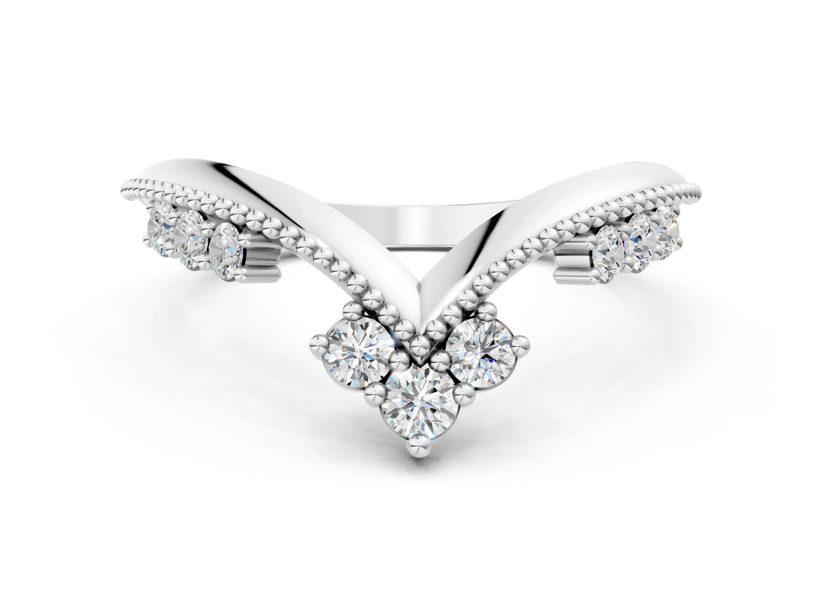 Platinum Diamond Chevron Milgrain Band with Round Cut Stones and Prong Setting