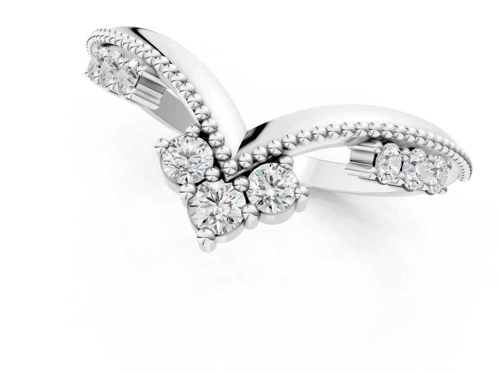 Platinum Diamond Chevron Milgrain Band with Round Cut Stones and Prong Setting
