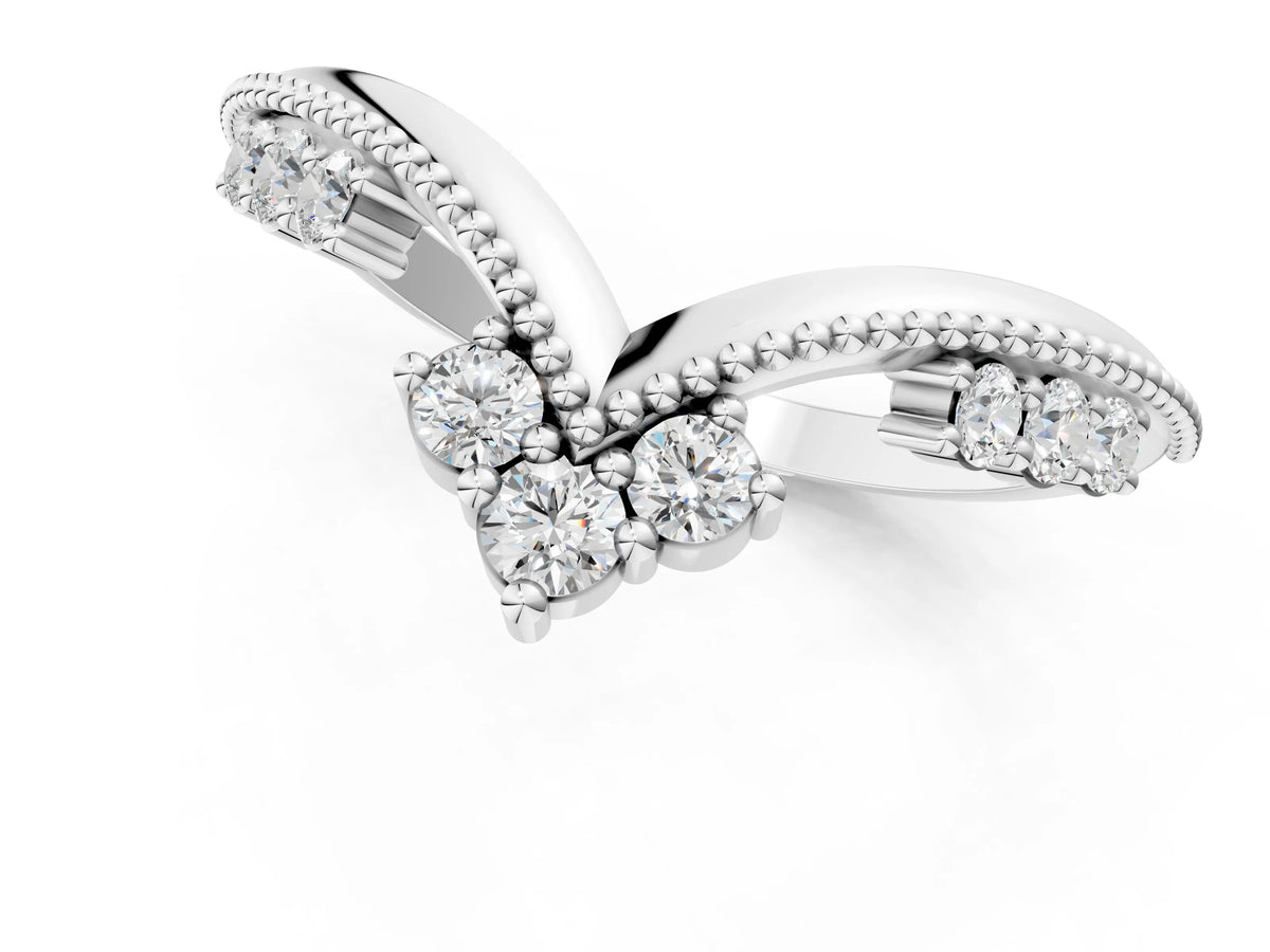 Platinum Diamond Chevron Milgrain Band with Round Cut Stones and Prong Setting