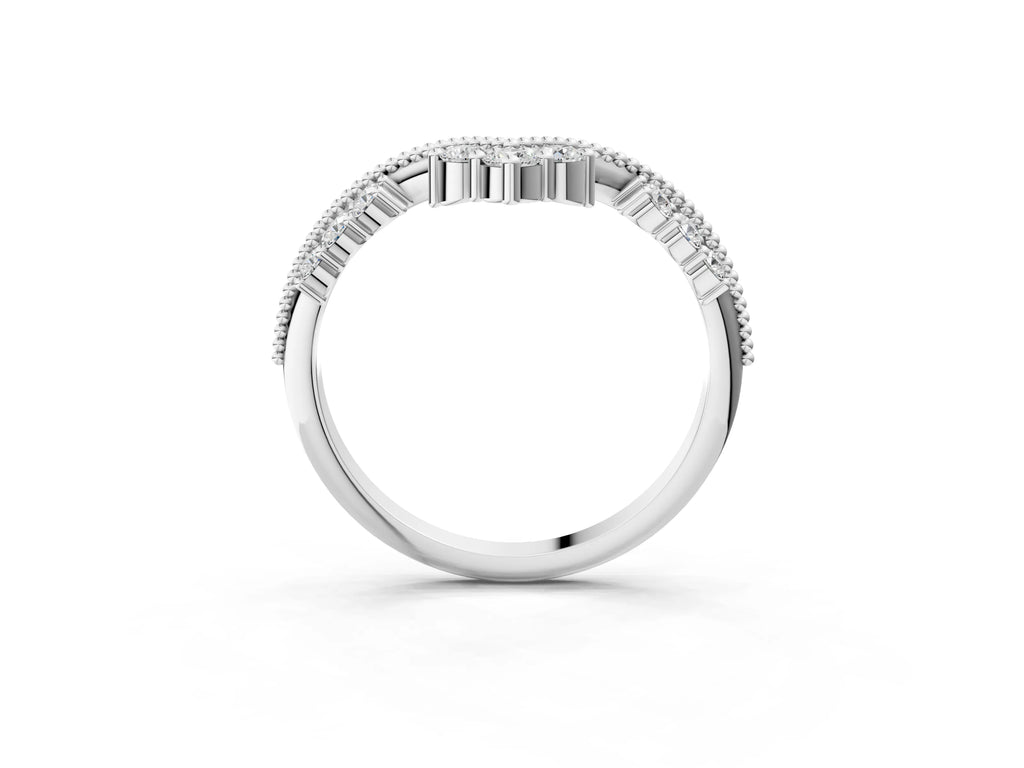 Platinum Diamond Chevron Milgrain Band with Round Cut Stones and Prong Setting