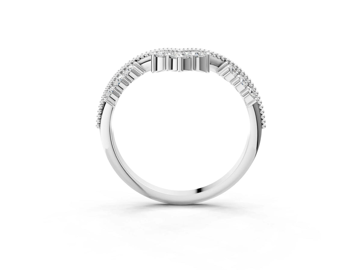 Platinum Diamond Chevron Milgrain Band with Round Cut Stones and Prong Setting