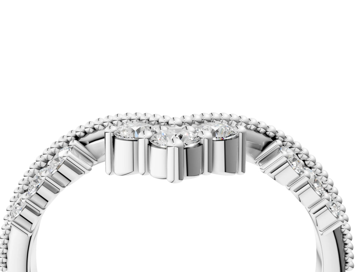 Platinum Diamond Chevron Milgrain Band with Round Cut Stones and Prong Setting