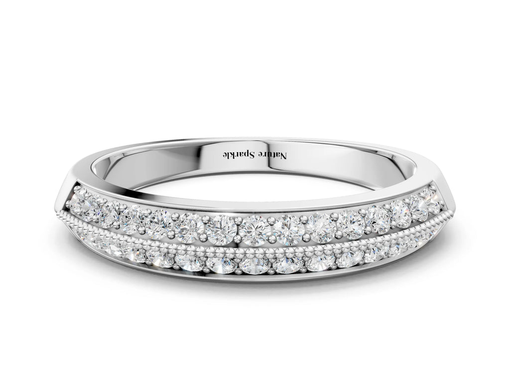 Platinum Double Row Pavé Round Diamond White Gold Band with Shared Prong Setting