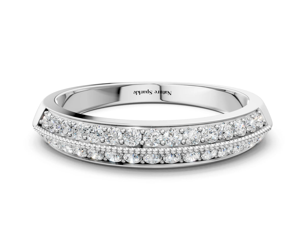 Platinum Double Row Pavé Round Diamond White Gold Band with Shared Prong Setting
