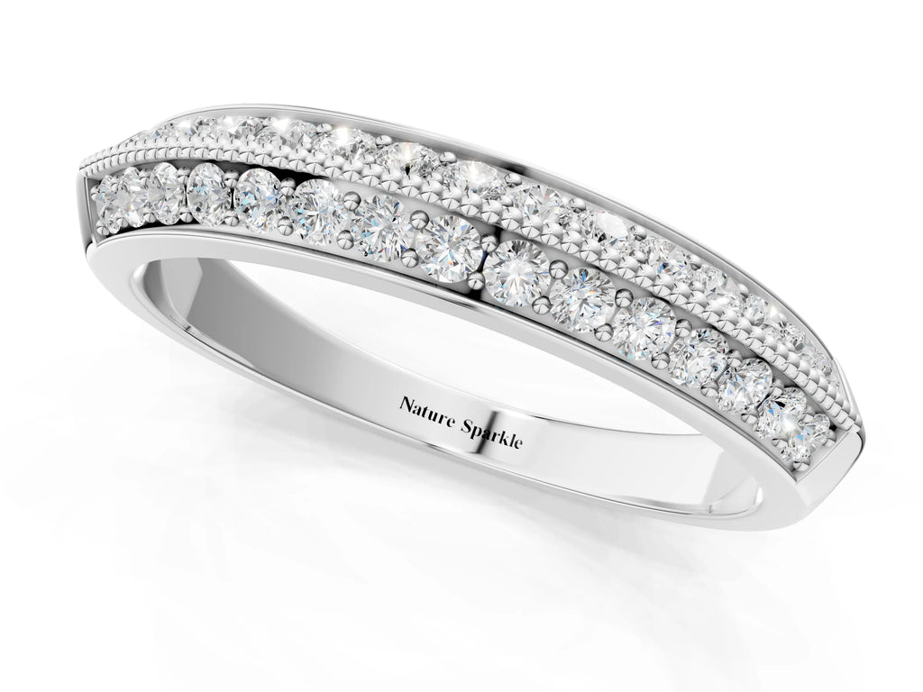 Platinum Double Row Pavé Round Diamond White Gold Band with Shared Prong Setting