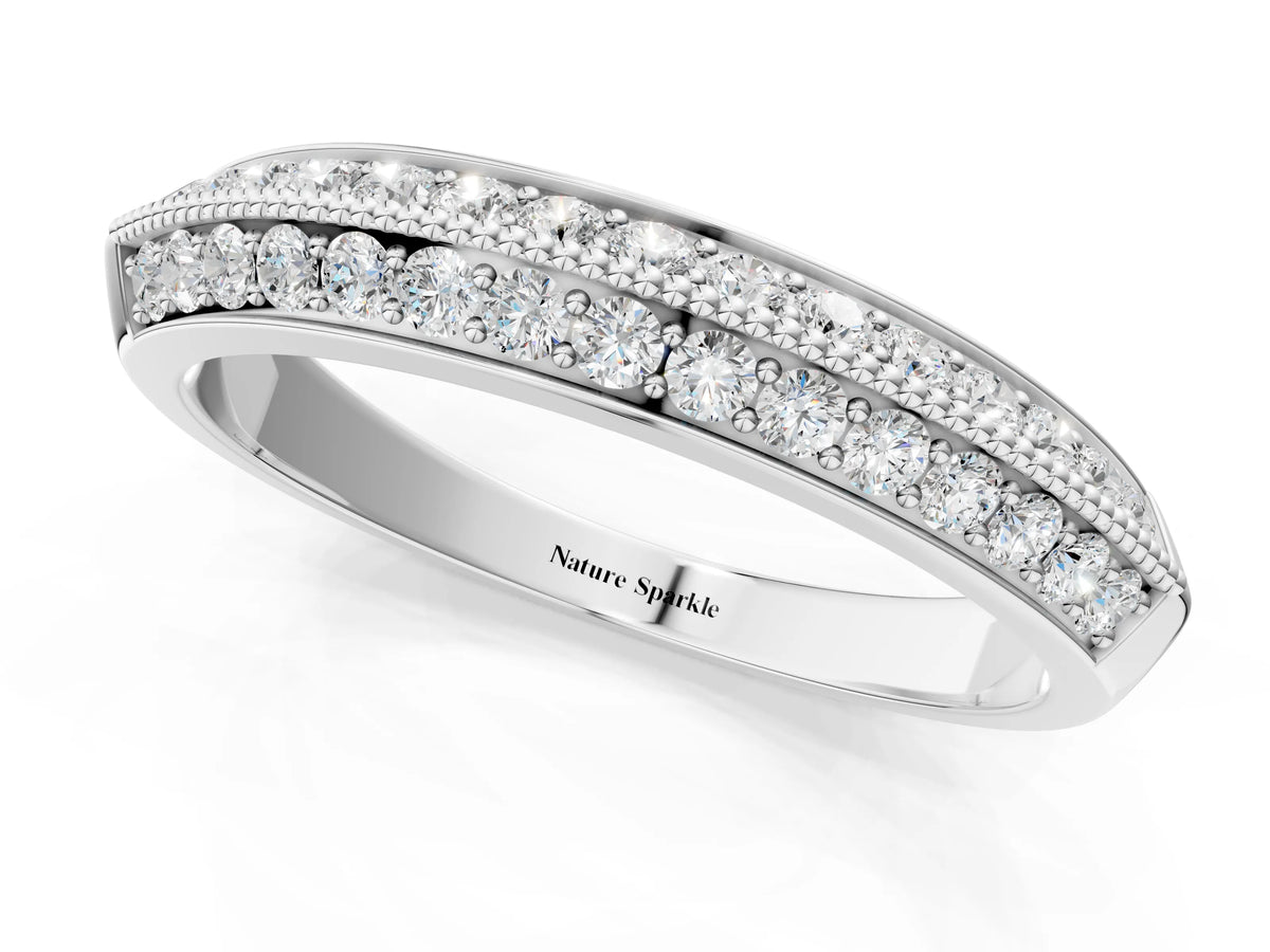 Platinum Double Row Pavé Round Diamond White Gold Band with Shared Prong Setting