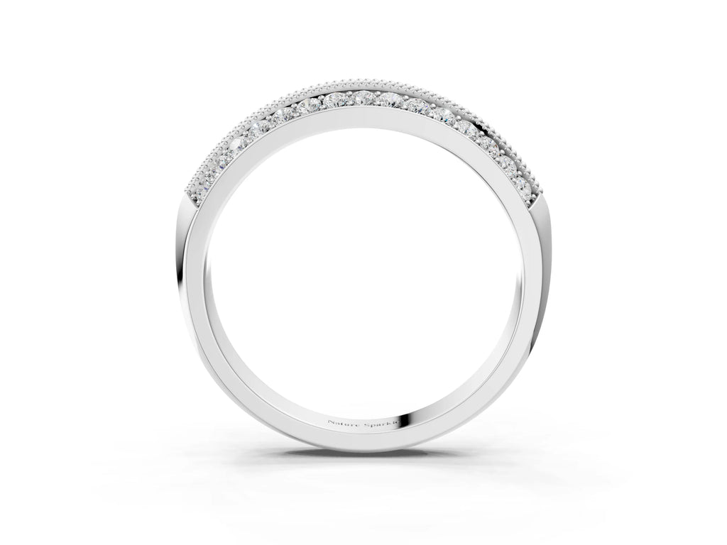 Platinum Double Row Pavé Round Diamond White Gold Band with Shared Prong Setting