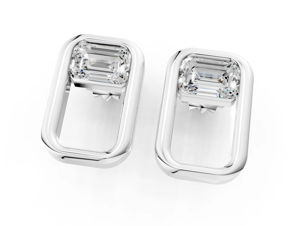 Platinum Emerald Diamond Open Frame Stud Earrings