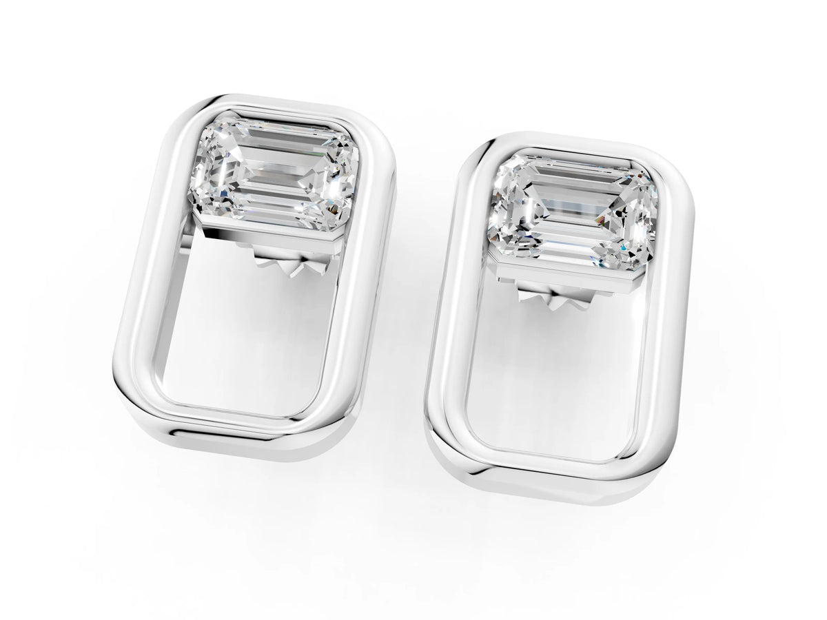 Platinum Emerald Diamond Open Frame Stud Earrings