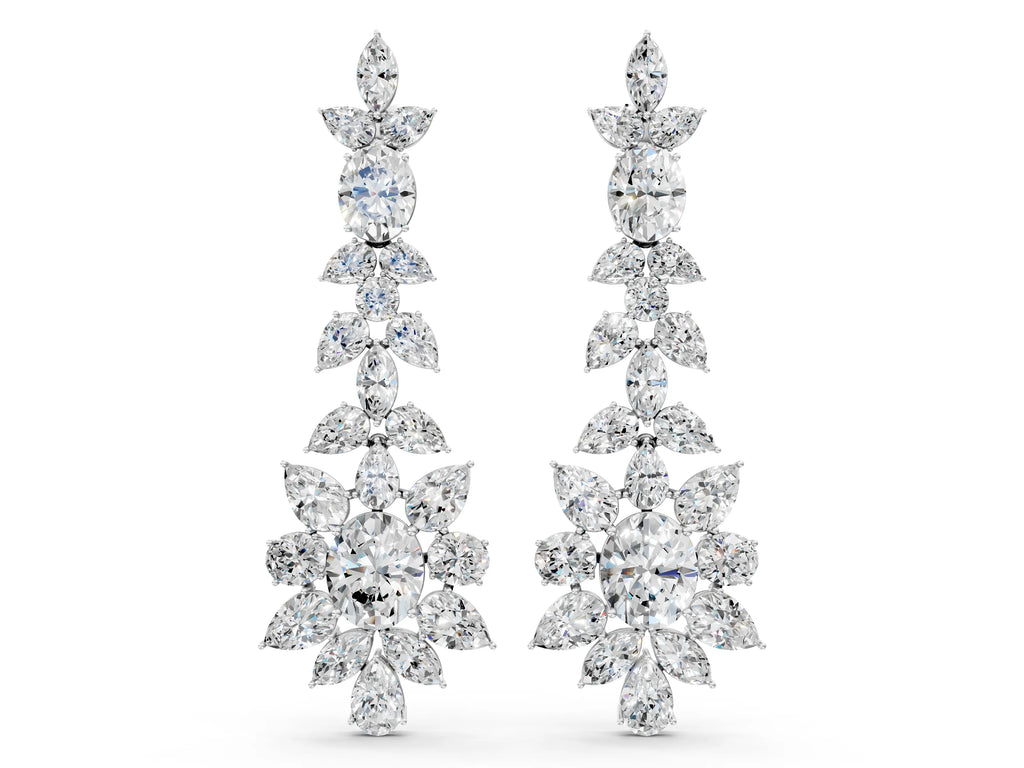 Platinum Oval, Pear, Marquise and Round Diamond Floral Cascade Drop Earrings
