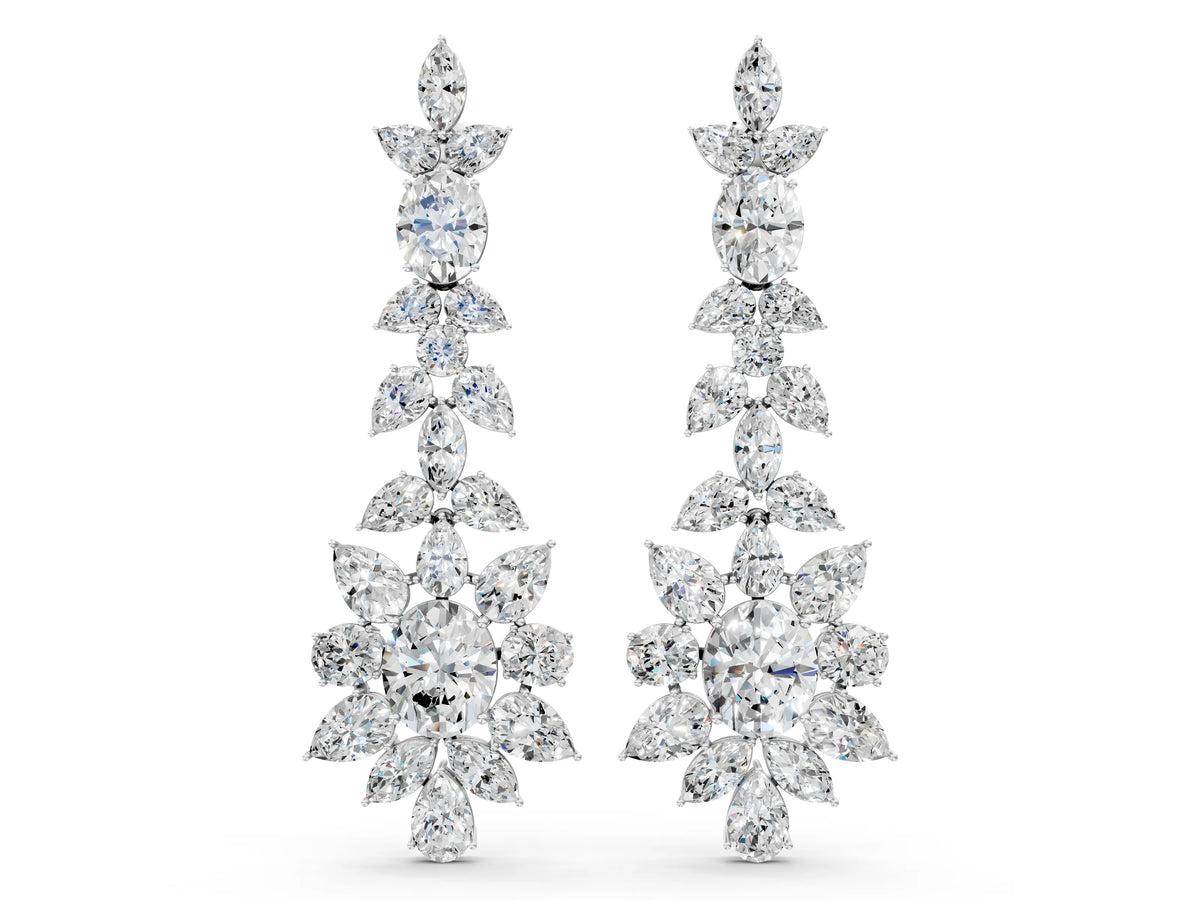 Platinum Oval, Pear, Marquise and Round Diamond Floral Cascade Drop Earrings