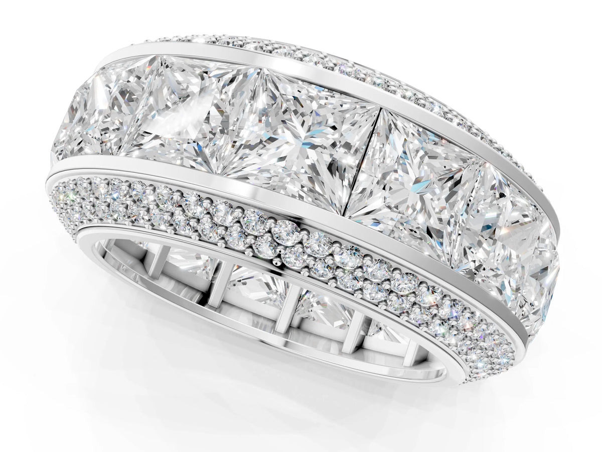 Platinum Princess Diamond Pavé Mens Wedding Band with Round Diamond Accents