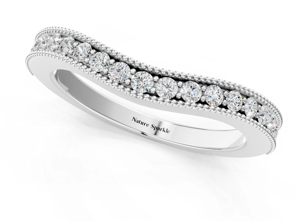 Platinum Round Brilliant Milgrain Bezel Set Diamond Wave Band