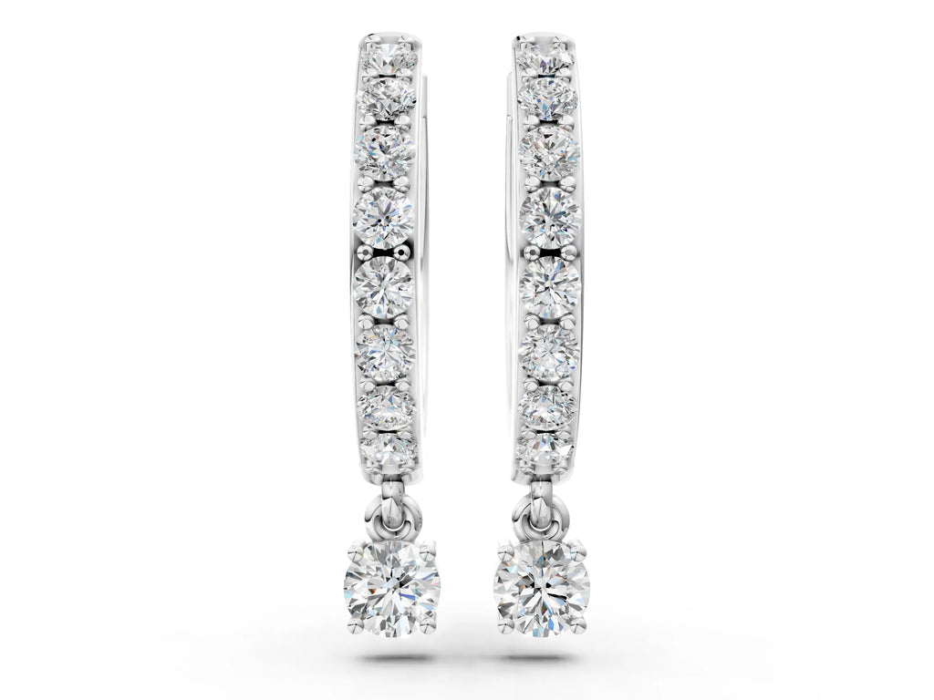 Platinum Round Cut Diamond Pavé Hoop Earrings with Drop Accent