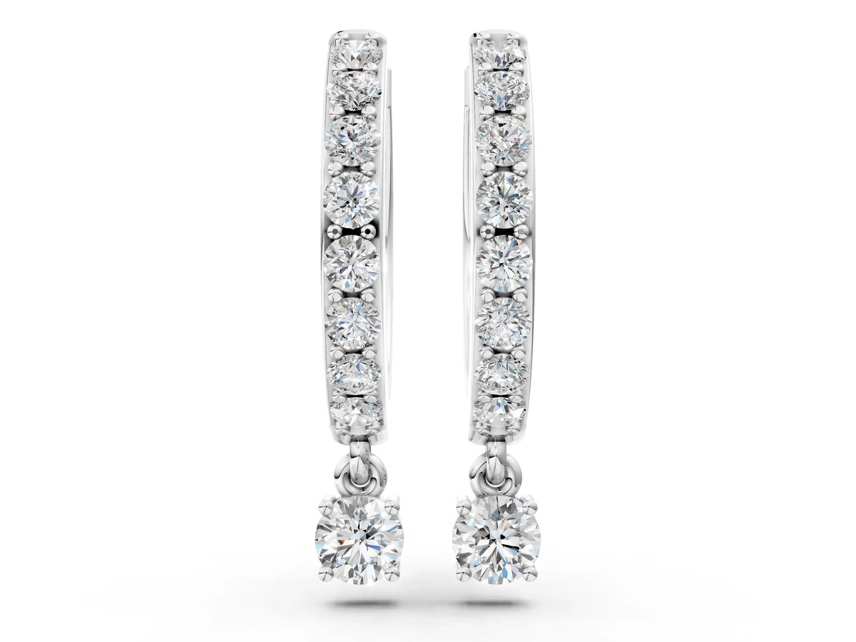 Platinum Round Cut Diamond Pavé Hoop Earrings with Drop Accent