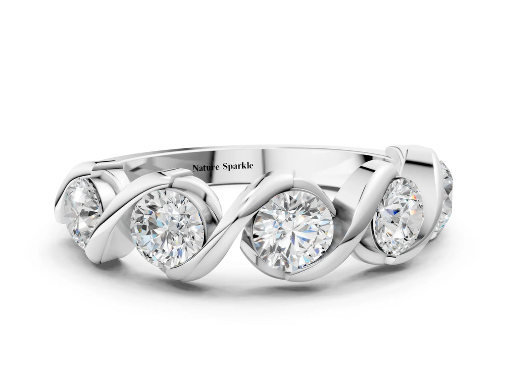 Platinum Round Diamond Wave Band with Channel Setting and Shared Prongs