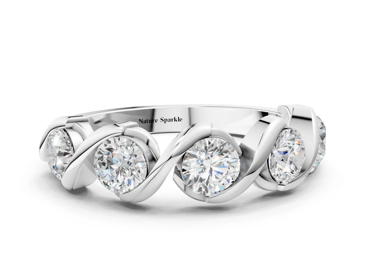 Platinum Round Diamond Wave Band with Channel Setting and Shared Prongs
