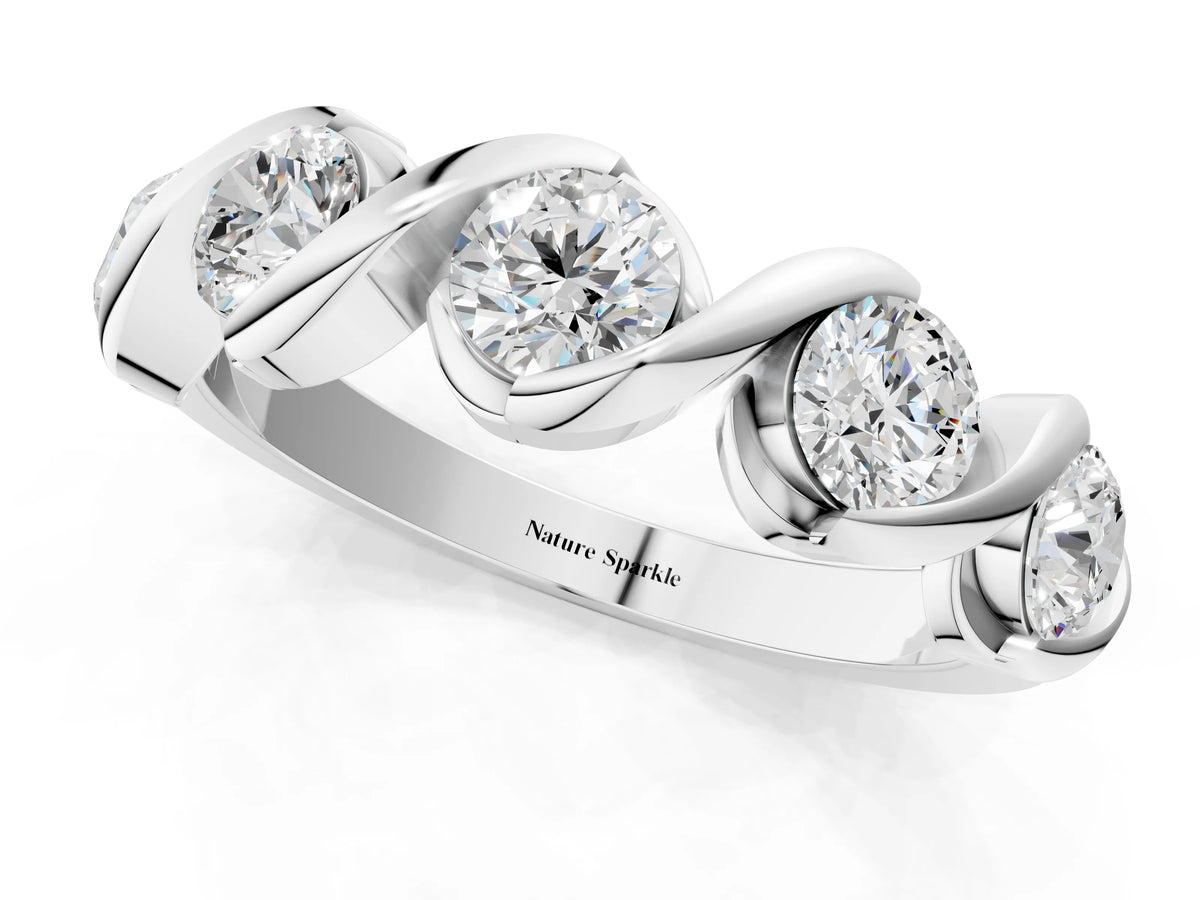 Platinum Round Diamond Wave Band with Channel Setting and Shared Prongs