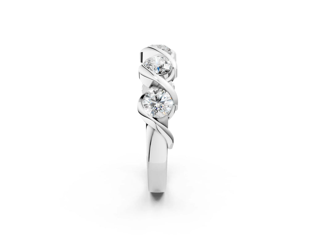 Platinum Round Diamond Wave Band with Channel Setting and Shared Prongs
