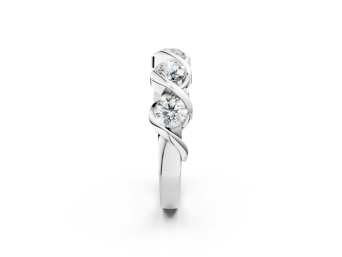 Platinum Round Diamond Wave Band with Channel Setting and Shared Prongs