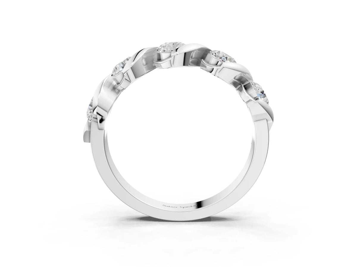 Platinum Round Diamond Wave Band with Channel Setting and Shared Prongs