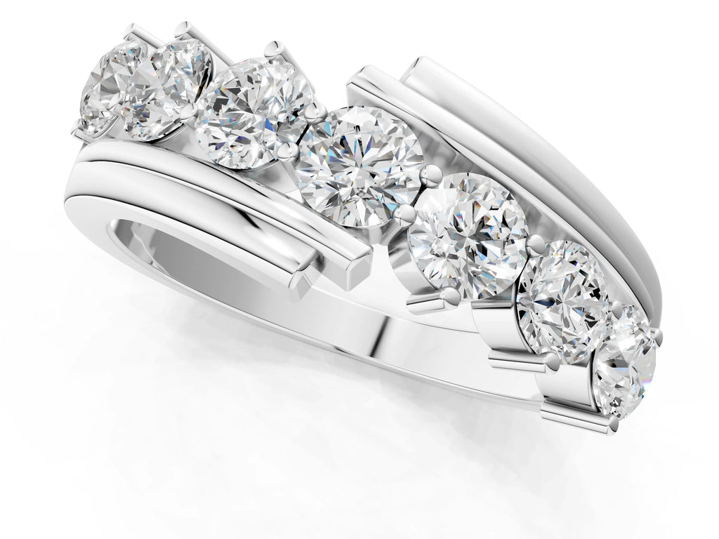 Platinum Round Diamond Wave Band with Channel and Shared Prong Setting