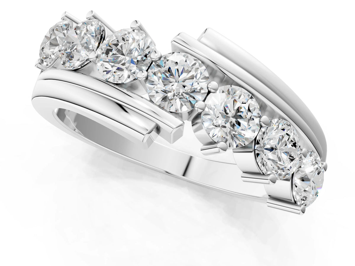 Platinum Round Diamond Wave Band with Channel and Shared Prong Setting