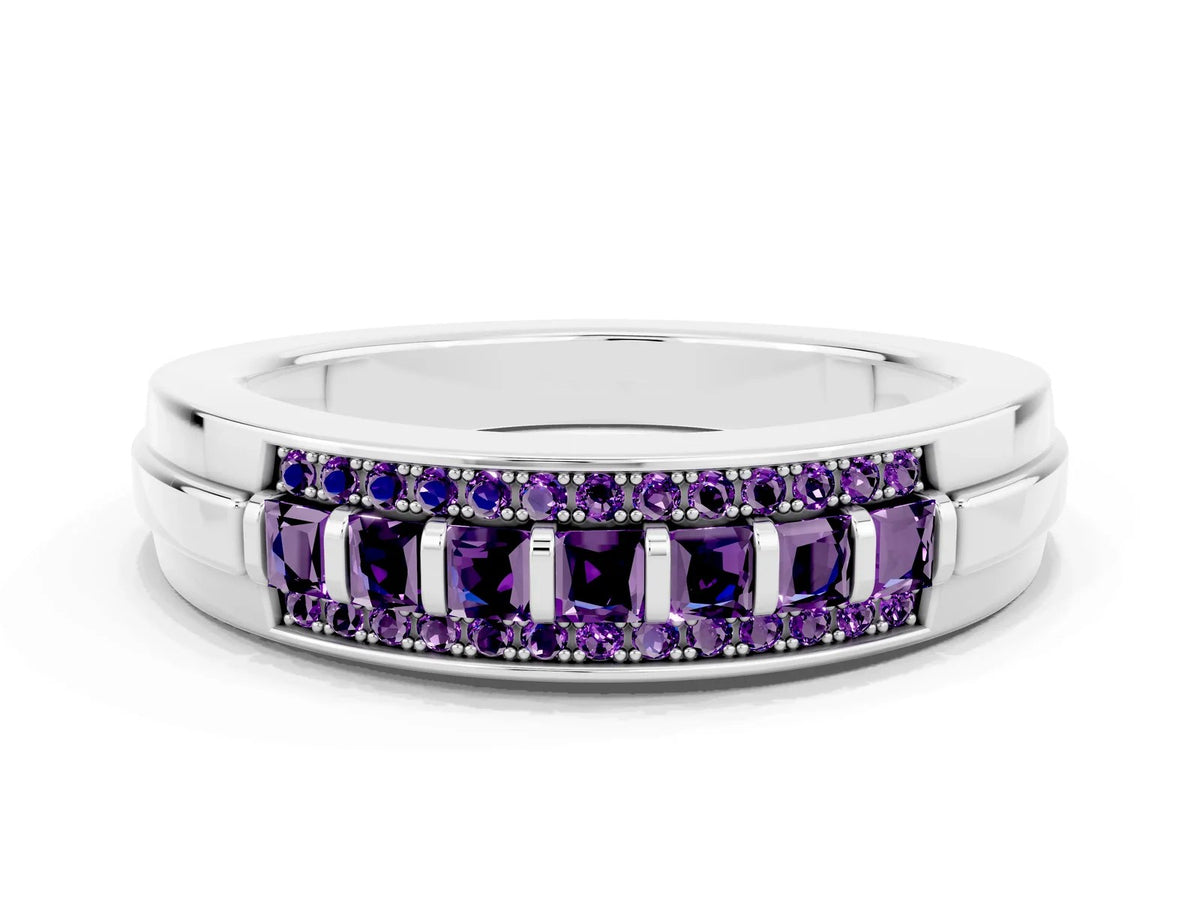 Princess Cut Amethyst Bar-Set Pavé Band in White gold with Grooved Edge Detailing 