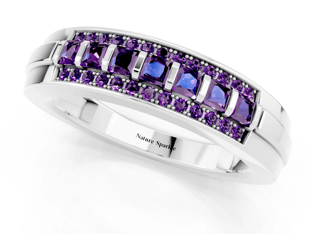 Princess Cut Amethyst Bar-Set Pavé Band in White gold with Grooved Edge Detailing