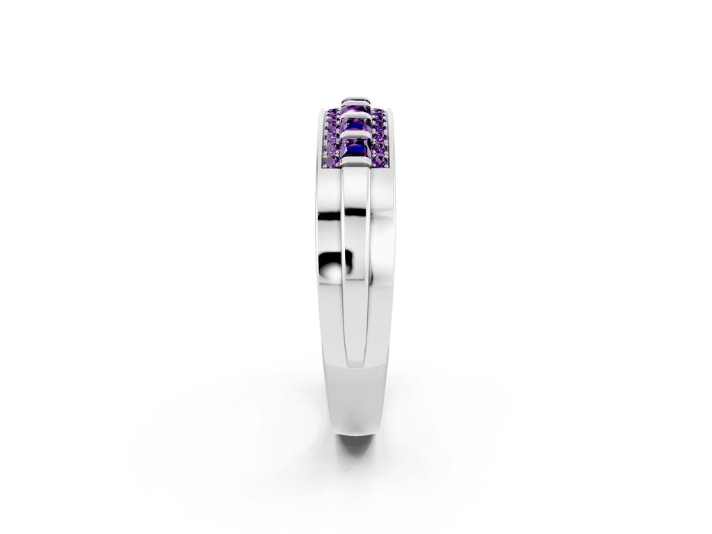 Princess Cut Amethyst Bar-Set Pavé Band in White gold with Grooved Edge Detailing