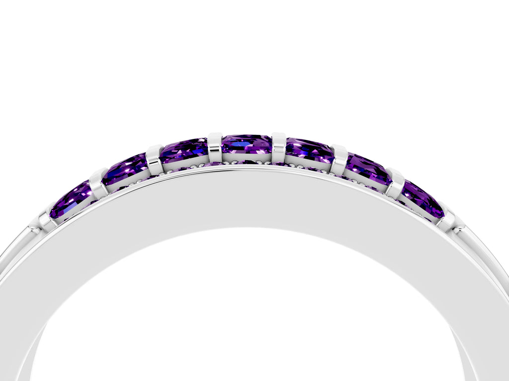 Princess Cut Amethyst Bar-Set Pavé Band in White gold with Grooved Edge Detailing