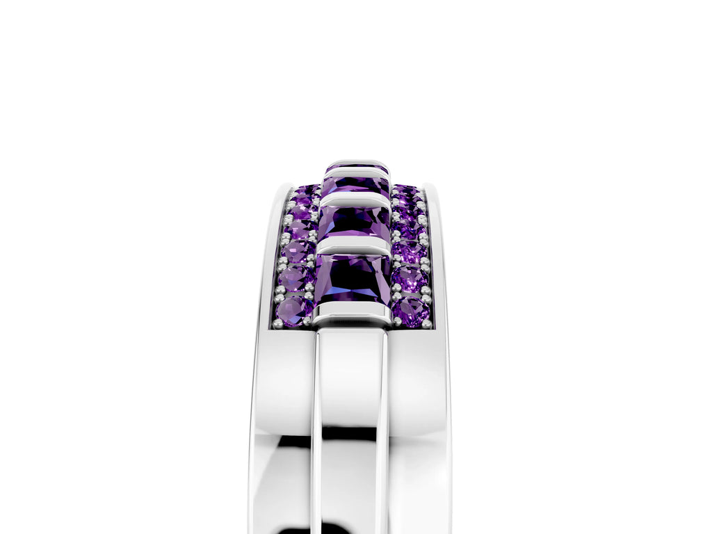Princess Cut Amethyst Bar-Set Pavé Band in White gold with Grooved Edge Detailing