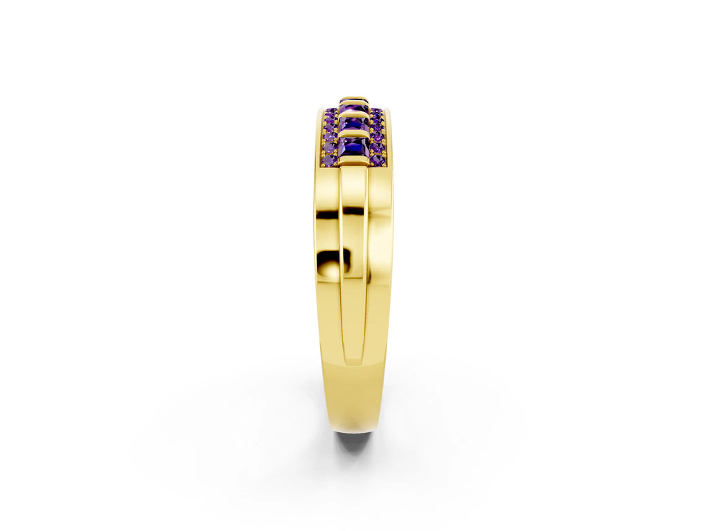 Princess Cut Amethyst Bar-Set Pavé Band in Yellow gold with Grooved Edge Detailing