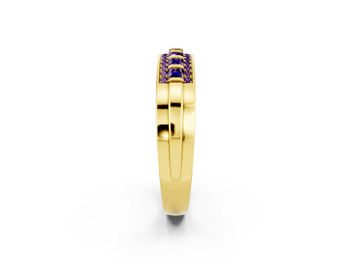 Princess Cut Amethyst Bar-Set Pavé Band in Yellow gold with Grooved Edge Detailing