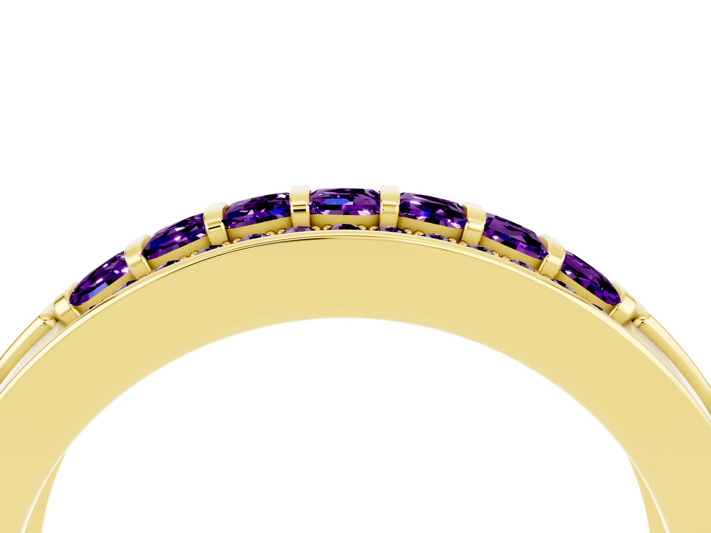 Princess Cut Amethyst Bar-Set Pavé Band in Yellow gold with Grooved Edge Detailing