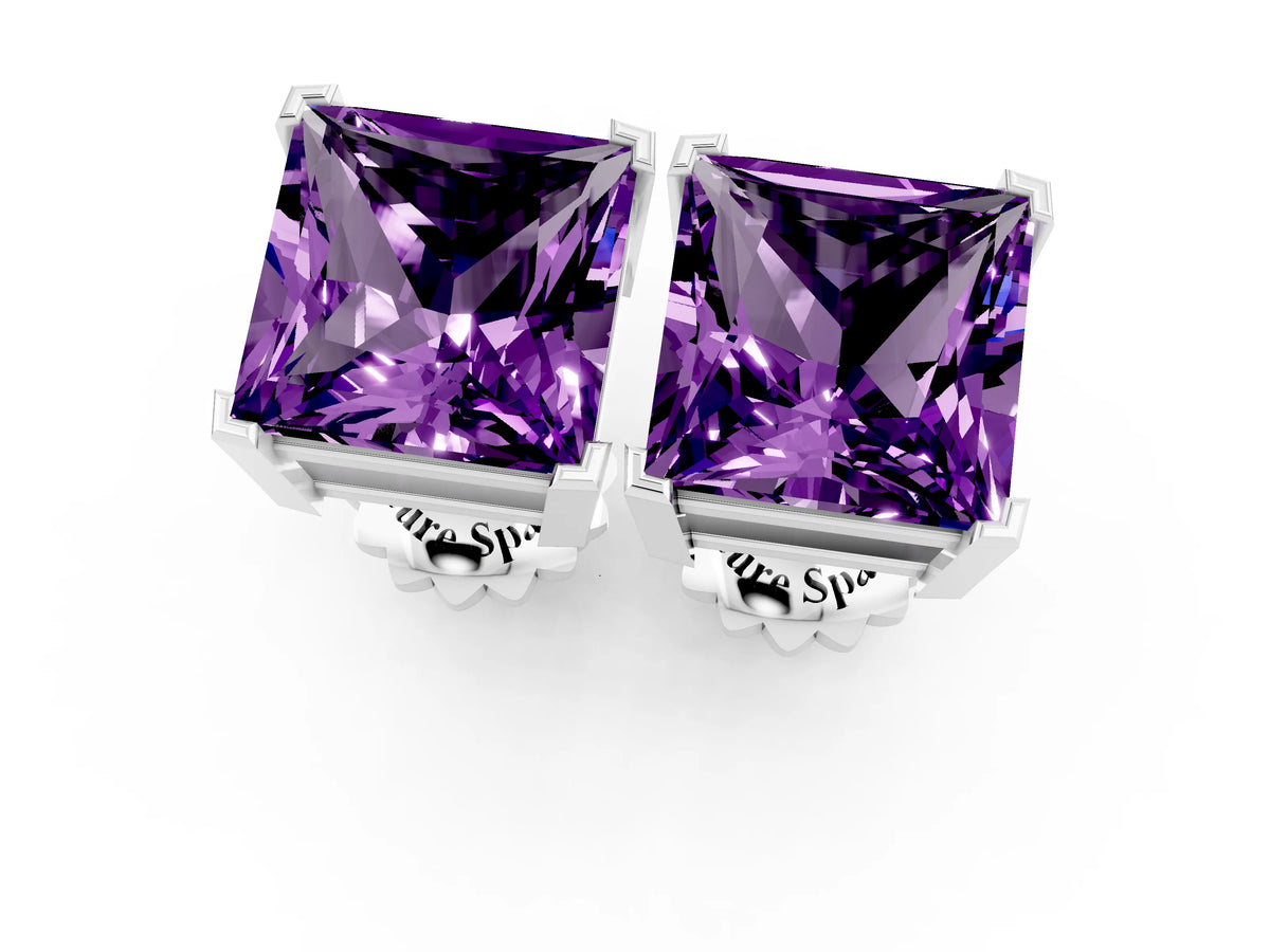 Princess Cut Amethyst Stud Earrings in Silver with Basket Setting