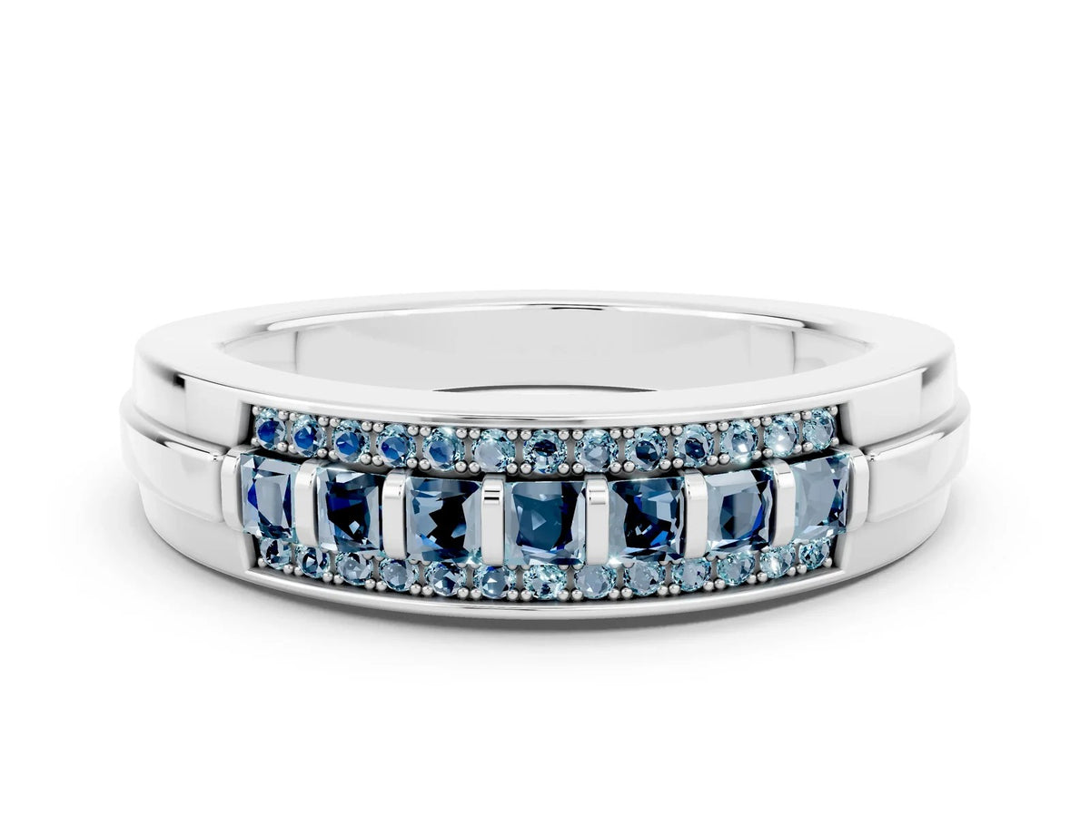 Princess Cut Aquamarine Bar-Set Pavé Band in White gold with Grooved Edge Detailing 