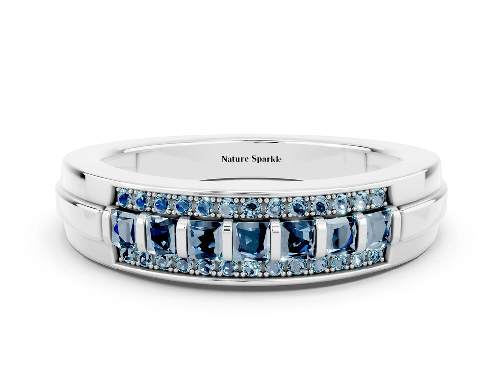 Princess Cut Aquamarine Bar-Set Pavé Band in White gold with Grooved Edge Detailing
