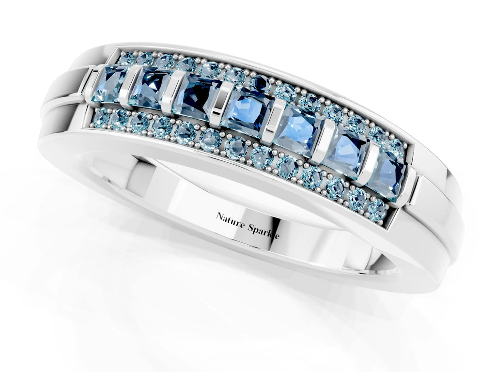 Princess Cut Aquamarine Bar-Set Pavé Band in White gold with Grooved Edge Detailing