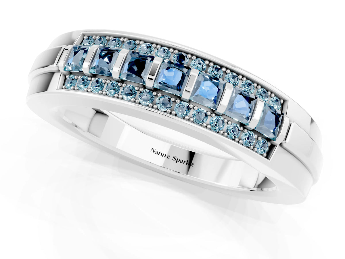 Princess Cut Aquamarine Bar-Set Pavé Band in White gold with Grooved Edge Detailing