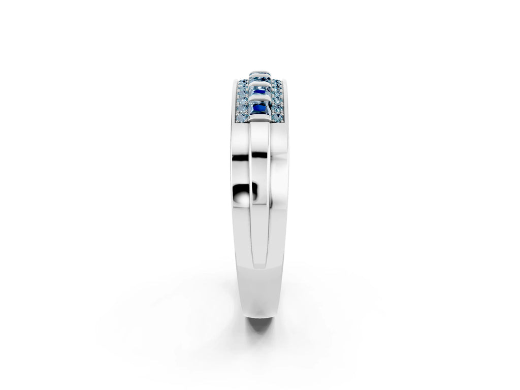 Princess Cut Aquamarine Bar-Set Pavé Band in White gold with Grooved Edge Detailing